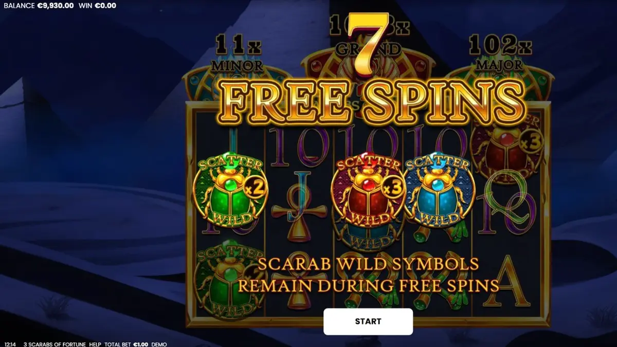 Interface do slot 3 Scarabs of Fortune com símbolos egípcios e escaravelhos brilhantes